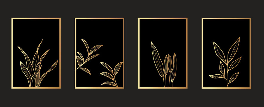 Luxury dark gold abstract art background vector. Line art design with golden leaves hand drawn texture. Design for wall art, cover, home decor, prints and wallpaper 