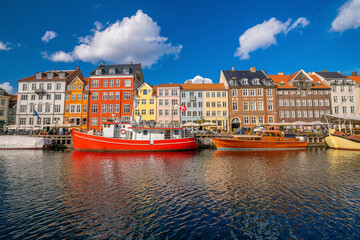 Copenhagen city skyline in Denmark at famous old Nyhavn port