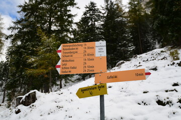 Road signs with distances and destinations in Liechtenstein, Europe