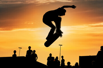 Skateboarder silhouette jumping high over sunset sky