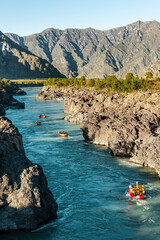 Rafting on a mountain river. Picturesque nature. Russia, Active recreation in the Alta