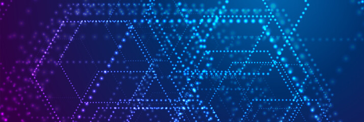 Neon glowing futuristic dotted hexagons abstract hi-tech background. Vector geometric banner design