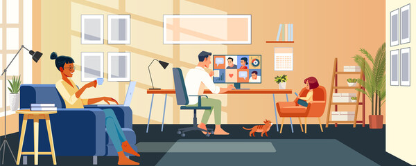 Happy multi ethnic family working at home with child. Smiling couple Businessmen with group of colleagues taking part in video conference. Online communication. Cartoon vector illustration