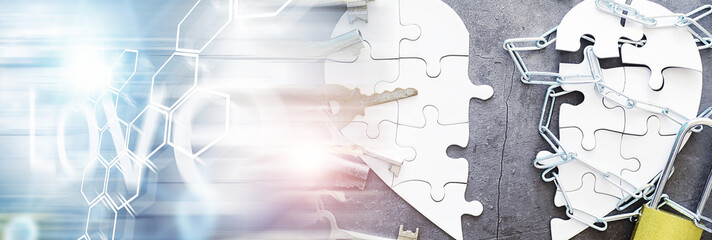 White heart-shaped puzzle. Heart affairs. Undivided love. Broken heart. The key to the heart. Closed heart on a lock. Concept of love.