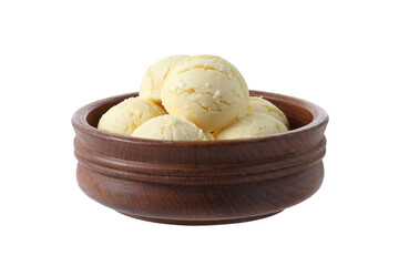 Vanilla ice cream in wooden cup on white background
