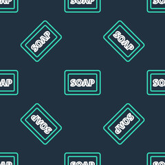 Line Bar of soap with foam icon isolated seamless pattern on black background. Soap bar with bubbles. Vector