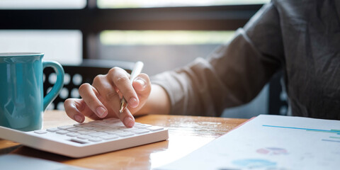 a businesswoman uses a laptop to calculate investment results. And making financial reports on the...