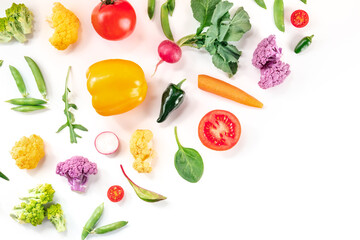 Fresh vegetables, overhead flat lay shot on a white background