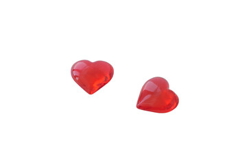 Two glass red hearts. Isolated white background. Love concept