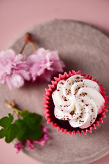 Obraz na płótnie Canvas Red velvet cupcake on a gray plate, near sakura flowers, on a pink background, top view.