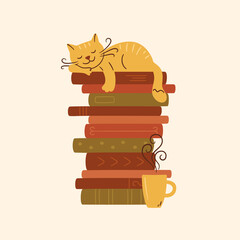 A stack of books with a sleeping cat and cup of hot tea. Cute kitty sleeping on books pile. Vector illustration on white background.