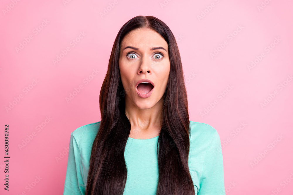 Poster photo of young shocked amazed surprised woman see big sale discount on black friday isolated on pink