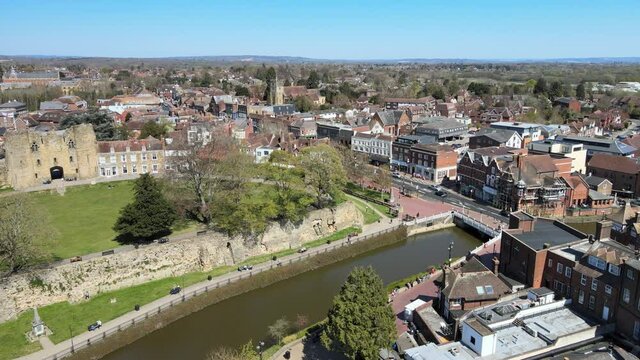Tonbridge Kent UK Aerial riverside and castle 4K