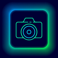 Glowing neon line Photo camera icon isolated on black background. Foto camera icon. Colorful outline concept. Vector