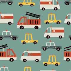 seamless pattern with cartoon cars, decor elements. Colorful vector flat style for kids. hand drawing. baby design for fabric, print, wrapper, textile