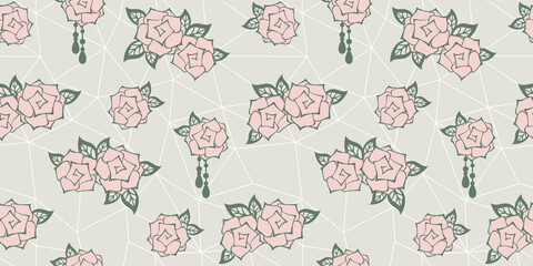 Roses with leaves on a pale beige geometric polygonal background. Floral endless texture. Vector seamless pattern for wrapping paper, packaging, wrapper, cover, surface texture and website wallpaper