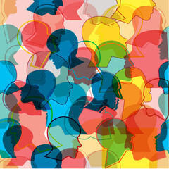 People profile heads. Pattern of a crowd of many different humans. Vector background.