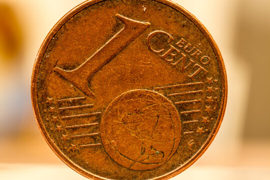 Series of macro shots of euro coins. Obverse of 1 cent.