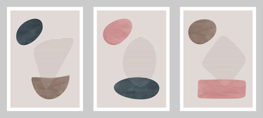 Trendy contemporary set of abstract art, creative minimalist hand painted watercolor compositions for wall decoration, postcard or brochure cover design in vintage style art.  
EPS10 vector.
