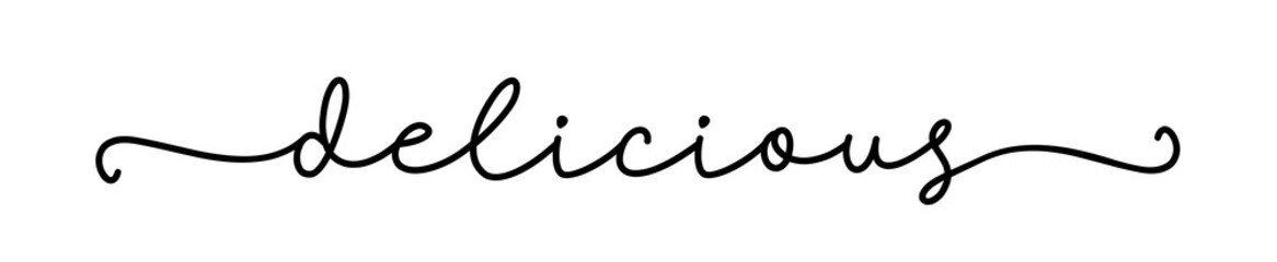 DELICIOUS. Hand drawn lettering text for design for print on food, drink packaging, card, label. Inscription of the typographic text: delicious. Delicious, tasty word for menu on white background.