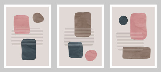 Trendy contemporary set of abstract art, creative minimalist hand painted watercolor compositions for wall decoration, postcard or brochure cover design in vintage style art.  
EPS10 vector.

