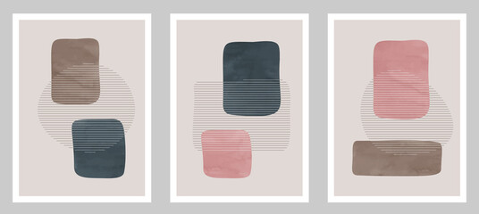 Trendy contemporary set of abstract art, creative minimalist hand painted watercolor compositions for wall decoration, postcard or brochure cover design in vintage style art.  
EPS10 vector.
