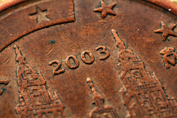 Series of macro shots of euro coins. Reverse of 5 cents. Year of manufacture 2003. Country Spain