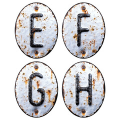3D render set of capital letters E, F, G, H made of forged metal on the background fragment of a metal surface with cracked rust.