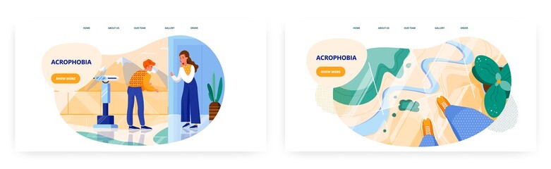 Acrophobia landing page design, website banner vector template set. Man experiencing panic because of fear of heights.