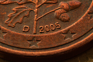 Series of macro shots of euro coins. Reverse of 5 cents. Year of manufacture 2005. Country Germany