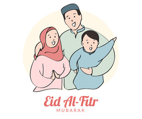 Flat illustration of muslim family embrace each other celebrates eid mubarak. Happy Eid al fitr greeting card concept with people character.