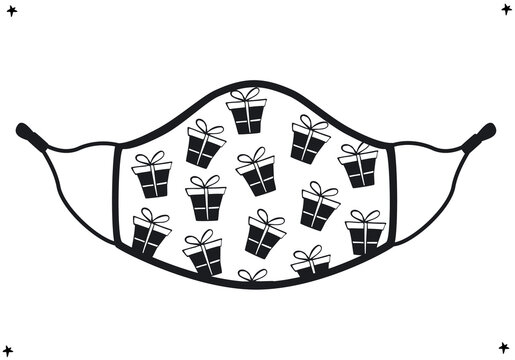 stay safe winter  merry christmas xmas winter protective face mask with gift boxes presents  pattern, isolated vector illustration