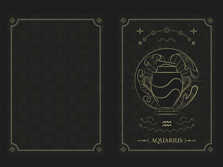 Zodiac Aquarius Horoscope Card Golden Outline Style with Water wave, Stars and Circle Icons in Chain Rectangular Frame and Diamond at four Corners with the Name inside Vector Graphic Design Template