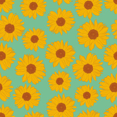 Seamless pattern of yellow sunflowers on turquoise background. Decorative print for wallpaper, wrapping, textile, fashion fabric or other printable covers. Digital art, vector graphics