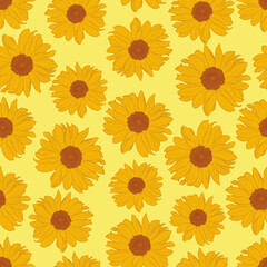Vector seamless pattern of sunflowers on light yellow background. Digital art. Decorative print for wallpaper, wrapping, textile, fashion fabric or other printable covers.