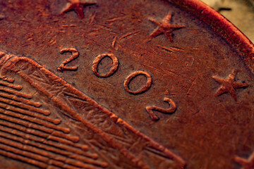 Series of macro shots of euro coins. Reverse of 5 cents. Year of manufacture 2002. Country Ireland