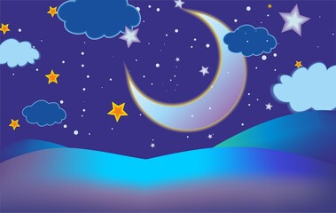 Drawing for the children's room. Moon and stars in the night sky. Sweet dreams of the baby. Astrological view of the sky through a telescope. For the interior of children's bedrooms.