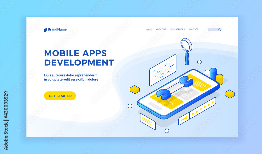 Poster mobile apps development. isometric illustration of smartphone with wrench on screen on banner advert