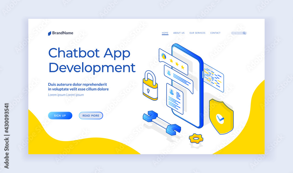 Wall mural chatbot appdevelopment. landing page template. vector isometric illustration of smartphone with cont