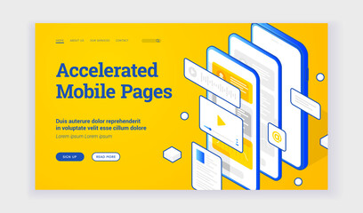 Vector illustration of modern smartphone with several fast websites and applications on advertisement banner for accelerated mobile pages technology. Isometric web banner, landing page template