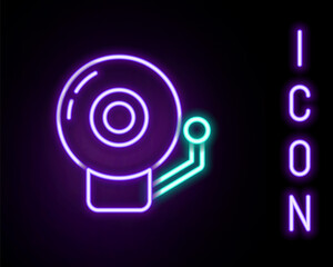 Glowing neon line Ringing alarm bell icon isolated on black background. Alarm symbol, service bell, handbell sign, notification symbol. Colorful outline concept. Vector