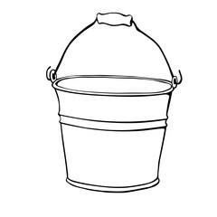 Aluminum bucket with handle in hand drawn doodle style isolated on white background. Vector outline illustration. Sign capacity gardening tool
