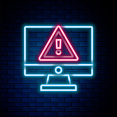 Glowing neon line Computer monitor with exclamation mark icon isolated on brick wall background. Alert message smartphone notification. Colorful outline concept. Vector