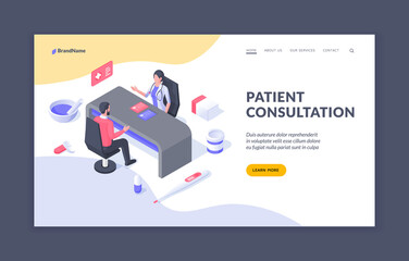 Patient consultation. Design of web page offering information to learn about service for patients to get medical consultation from doctor. Isometric web banner, landing page template