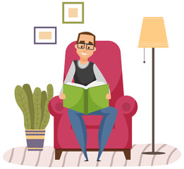 Adult man sitting on armchair and reading book. Person studying textbook. Gentleman spends time and rests in apartment with paper book. Male character is reading literature at home vector illustration