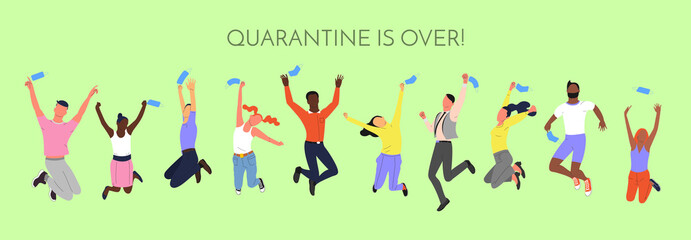 Crowd of young happy smiling multinational diverse people in jumping poses throwing up face masks. With text quarantine is over. Pandemic of covid 19 is over. Back to normal. Stock vector