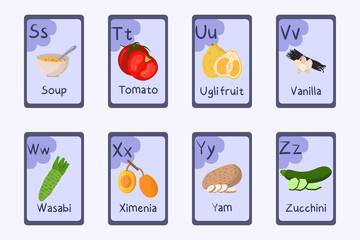 Colorful alphabet Letter S, T, U, V, W, X, Y, Z - soup, tomato, ugli fruit, vanilla, wasabi, ximenia, yam zucchini Food themed cards for teaching with foods vegetables fruits nuts