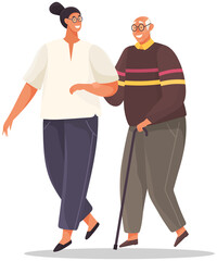Old man leans on stick and walks with woman holding her hand. Girl take care of man from nursing home, talking to grandpa. People stroll on white background. Girl smiles and helps grandfather to move