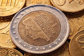 Series of macro shots of euro coins. Reverse of 2 Euro coin. Year of manufacture 2001. Country...