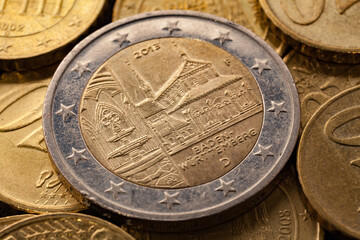 Series of macro shots of euro coins. Reverse of 2 Euro coin. Year of manufacture 2013. Country...